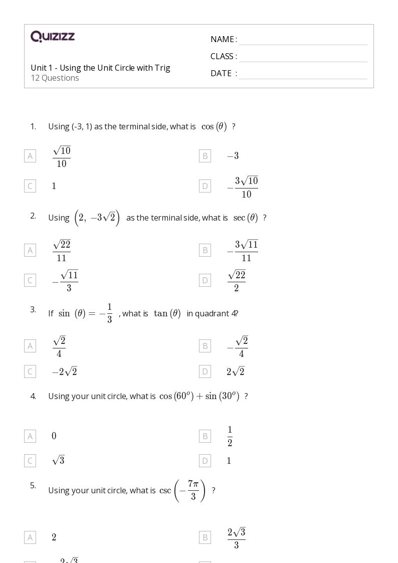 50+ trigonometric ratios sin cos tan csc sec and cot worksheets for 9th