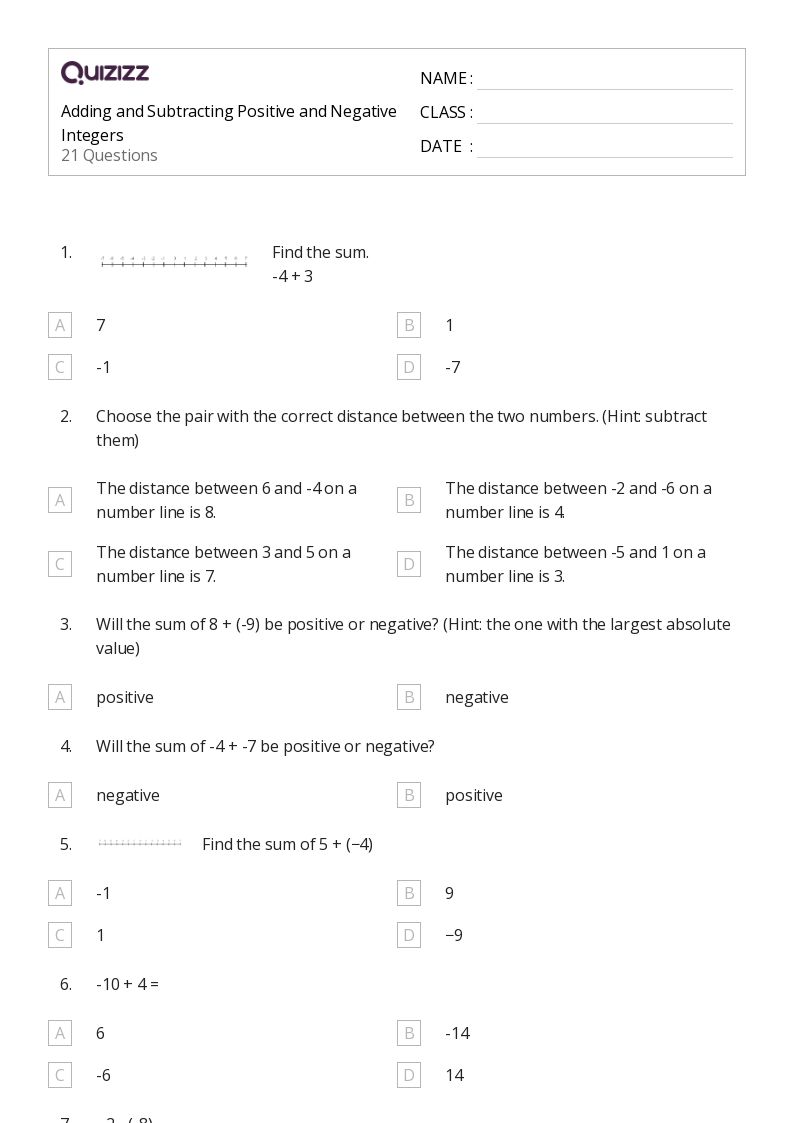 50+ Addition on a Number Line worksheets for 7th Grade on Quizizz Free & Printable