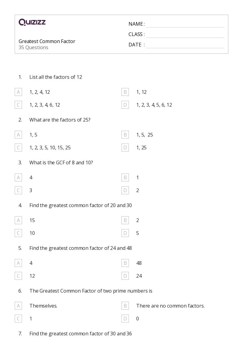 50+ Greatest Common Factor worksheets for 6th Grade on Quizizz Free & Printable