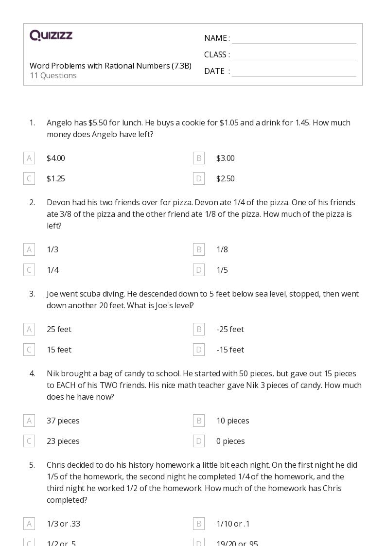50+ Math Word Problems worksheets for 7th Grade on Quizizz | Free