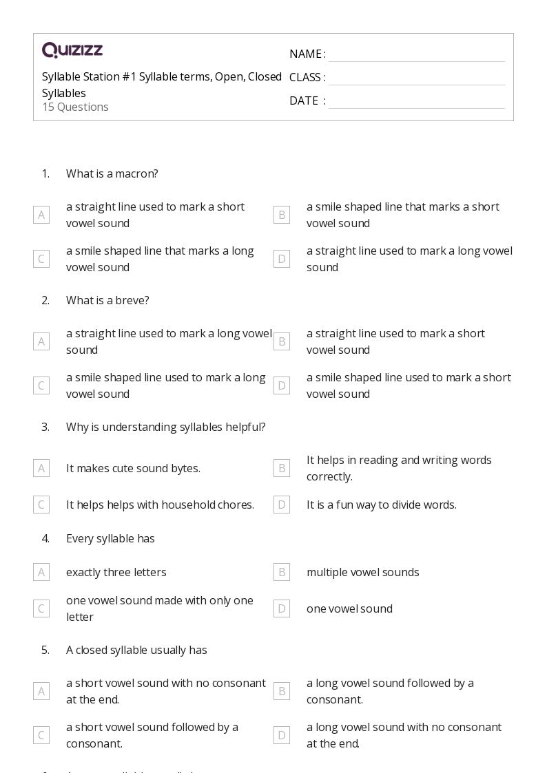 50+ Syllables worksheets for 8th Class on Quizizz Free & Printable