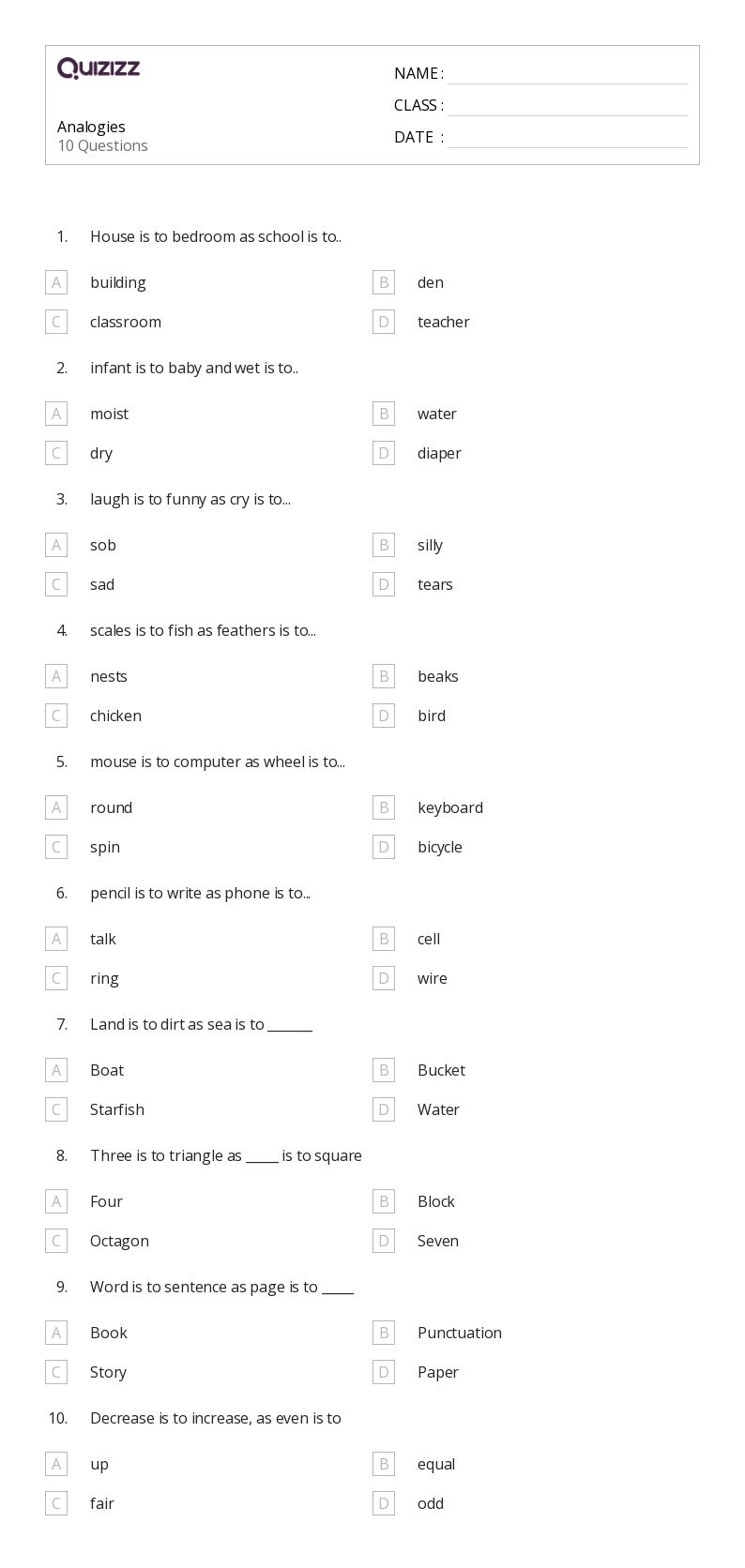50+ Analogies worksheets for 8th Grade on Quizizz Free & Printable