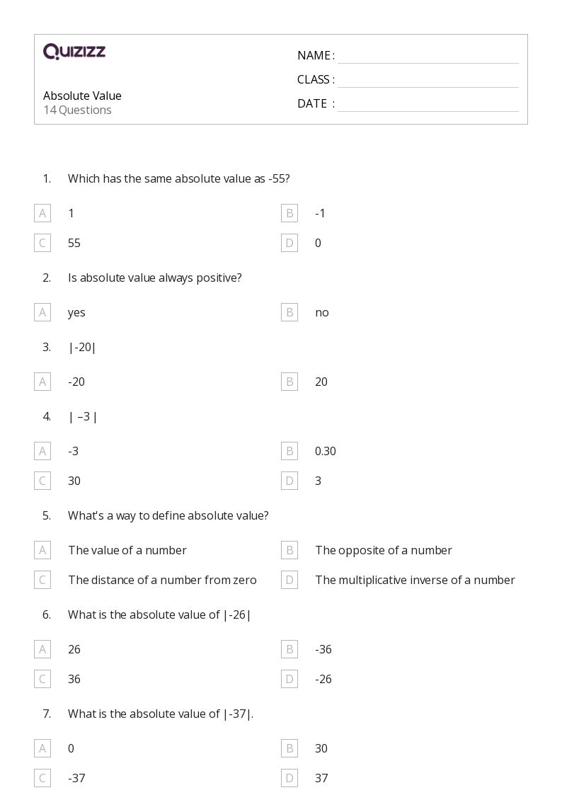 50+ Absolute Value worksheets on Quizizz Free & Printable