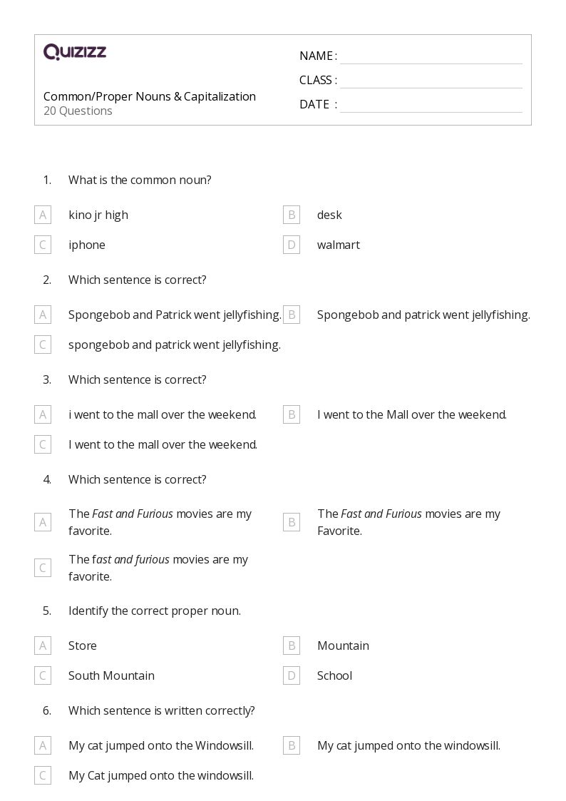 50+ Proper Nouns worksheets for 7th Class on Quizizz Free & Printable