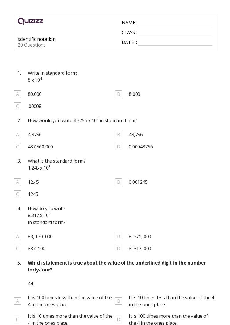 50+ Scientific Notation worksheets for 5th Grade on Quizizz | Free