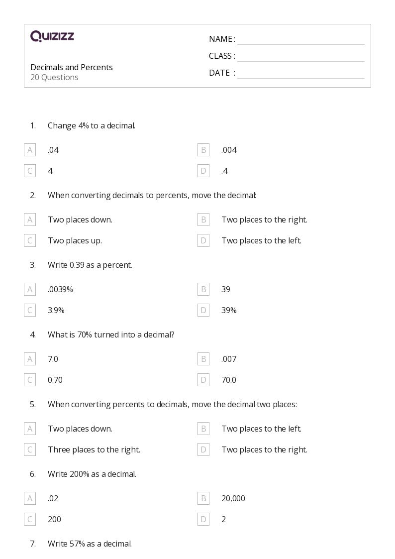 50+ Percents worksheets for 5th Grade on Quizizz Free & Printable