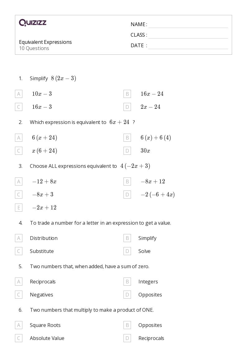 50+ Equivalent Expressions worksheets for 7th Grade on Quizizz Free & Printable