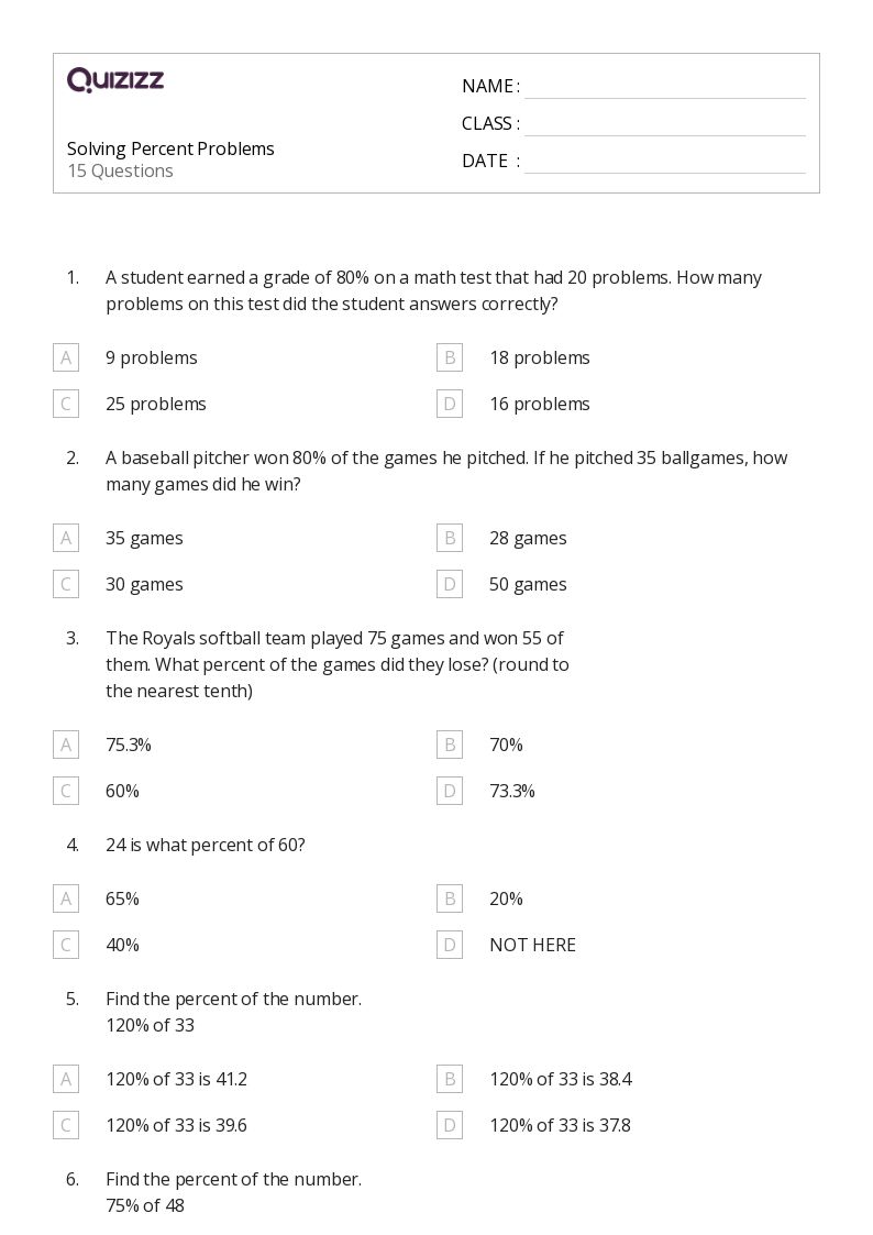 50+ Percent Problems worksheets for 6th Year on Quizizz | Free & Printable