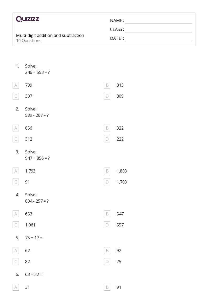 50+ Multi-Digit Addition worksheets on Quizizz | Free & Printable