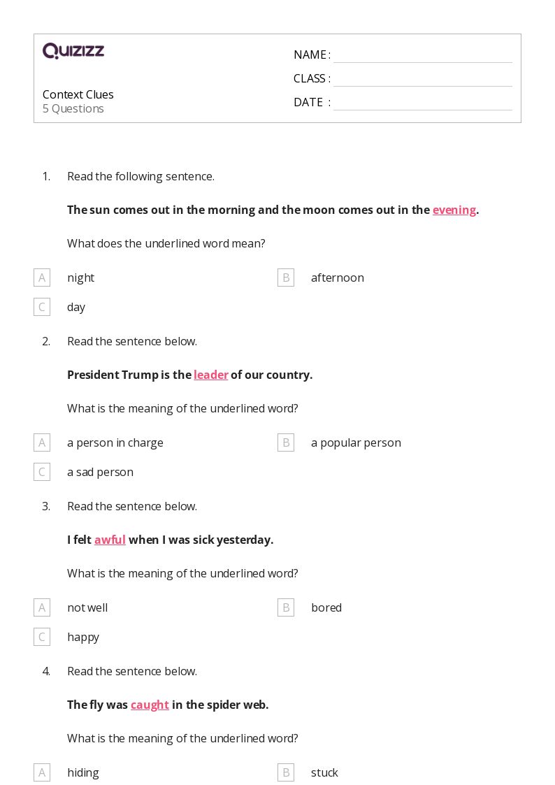 50+ Determining Meaning Using Context Clues worksheets for 1st Grade on Quizizz Free & Printable