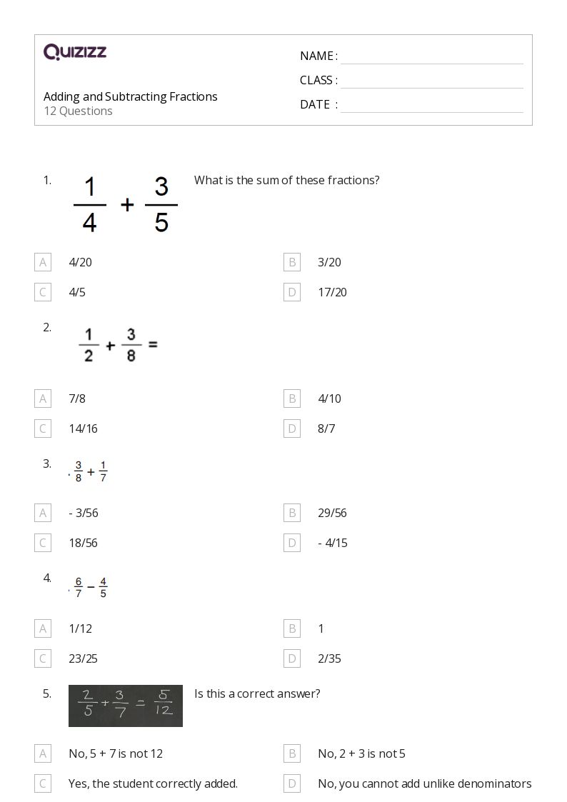 50+ Adding and Subtracting Fractions worksheets for 6th Grade on Quizizz Free & Printable