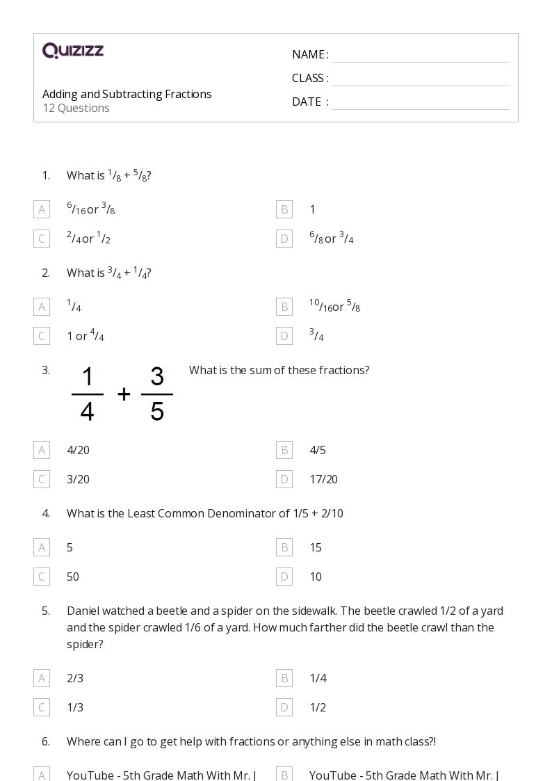 50+ Adding and Subtracting Fractions worksheets for 6th Grade on Quizizz Free & Printable