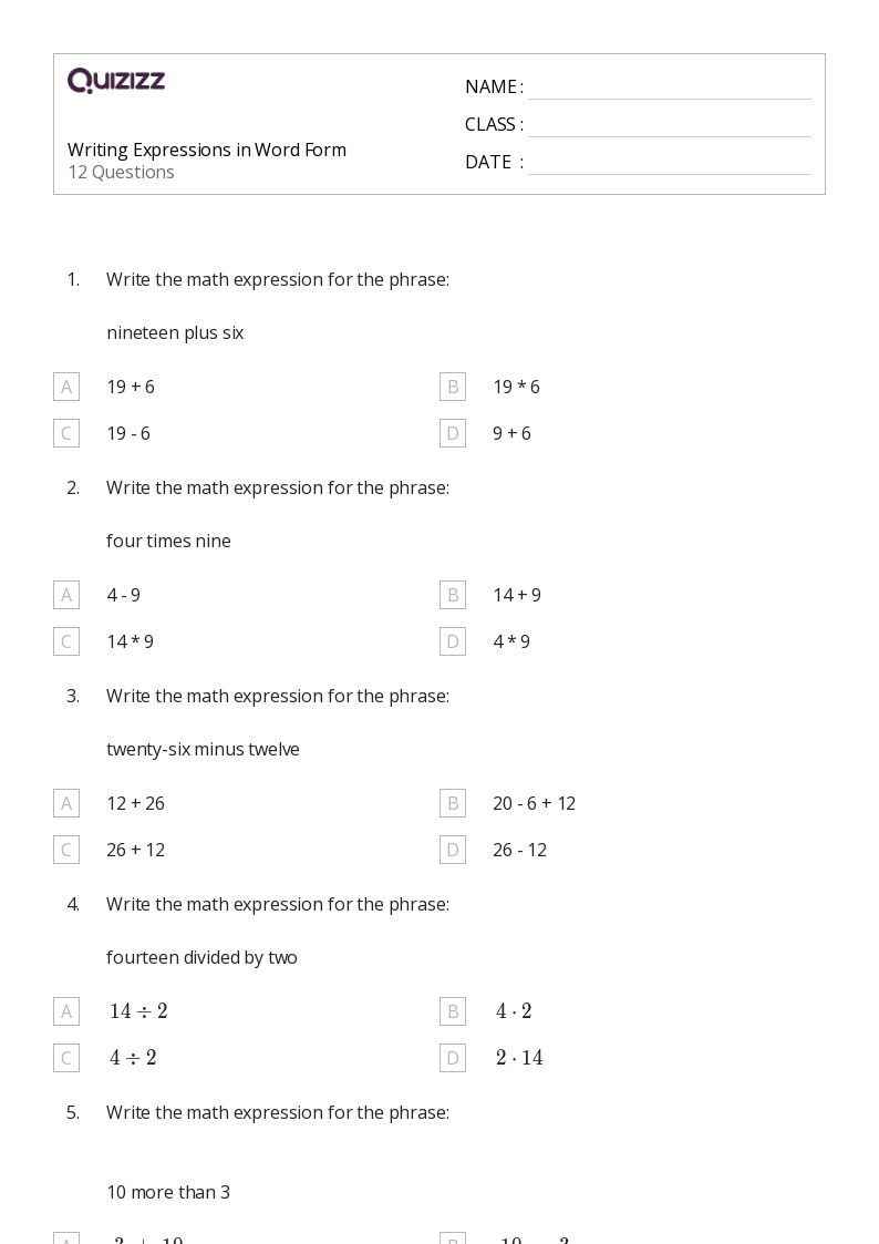 50+ Writing Expressions worksheets on Quizizz Free & Printable