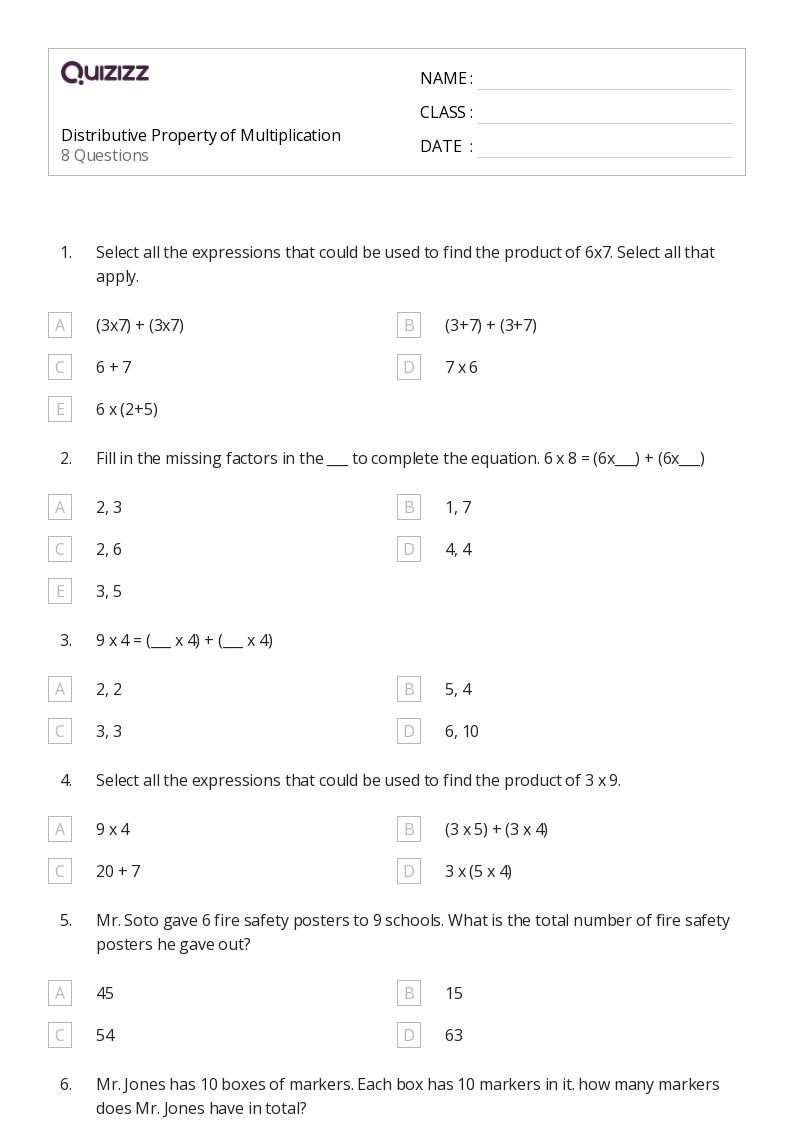 50+ Distributive Property of Multiplication worksheets for 3rd Grade on Quizizz Free & Printable