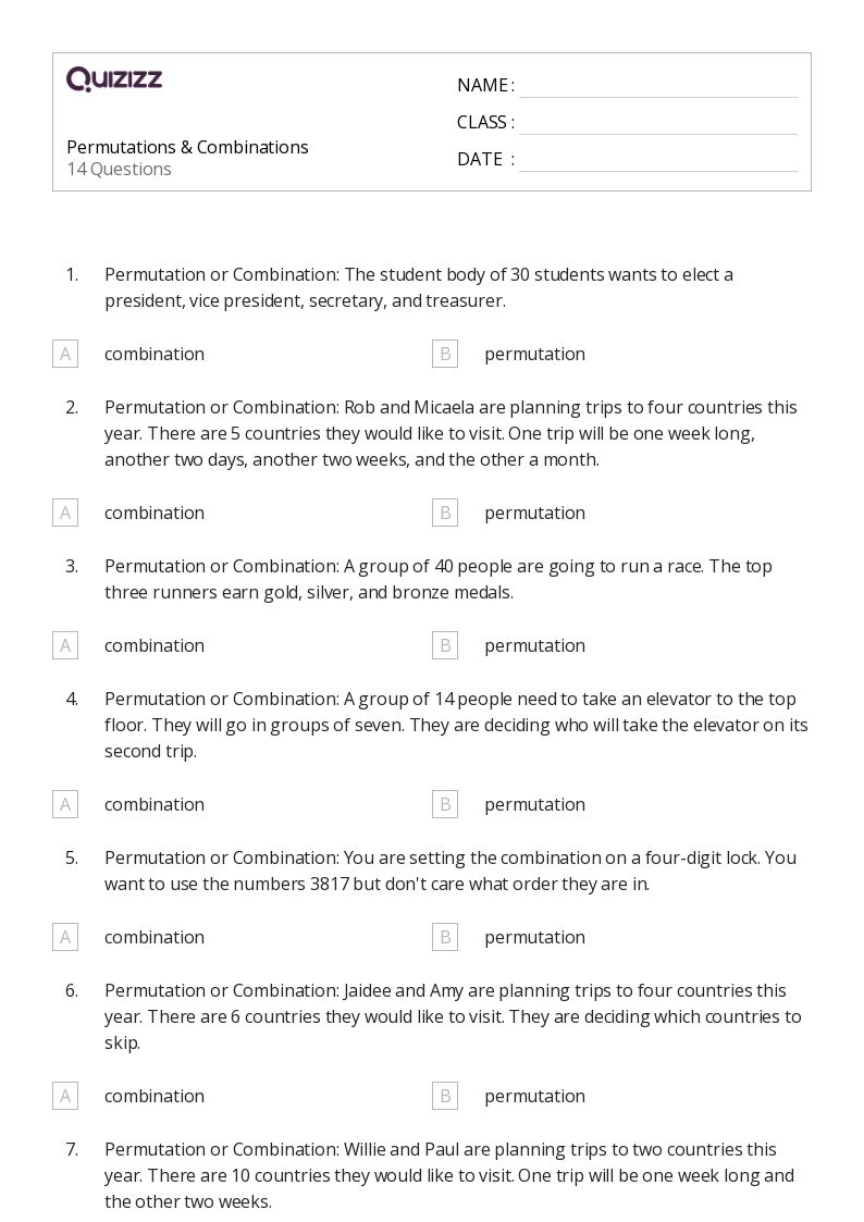 50+ permutation and combination worksheets for 12th Grade on Quizizz