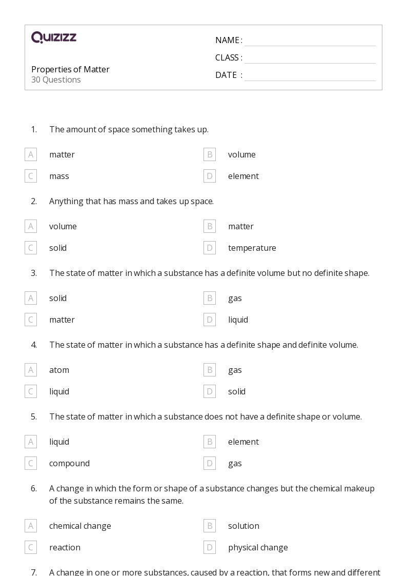 50+ Properties of Matter worksheets on Quizizz Free & Printable