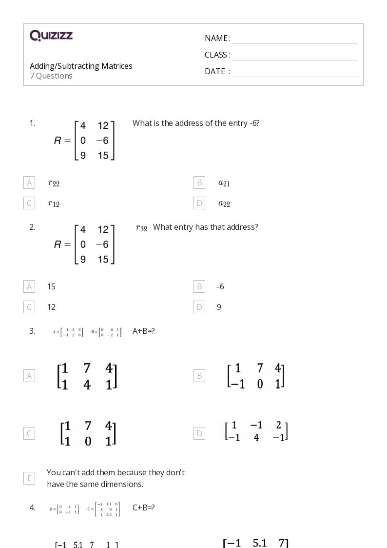 50+ Matrices worksheets on Quizizz Free & Printable