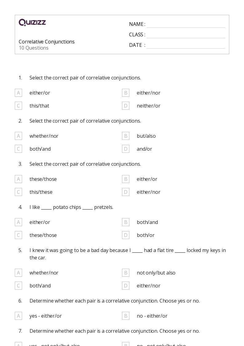 50+ Correlative Conjunctions worksheets for 6th Grade on Quizizz Free