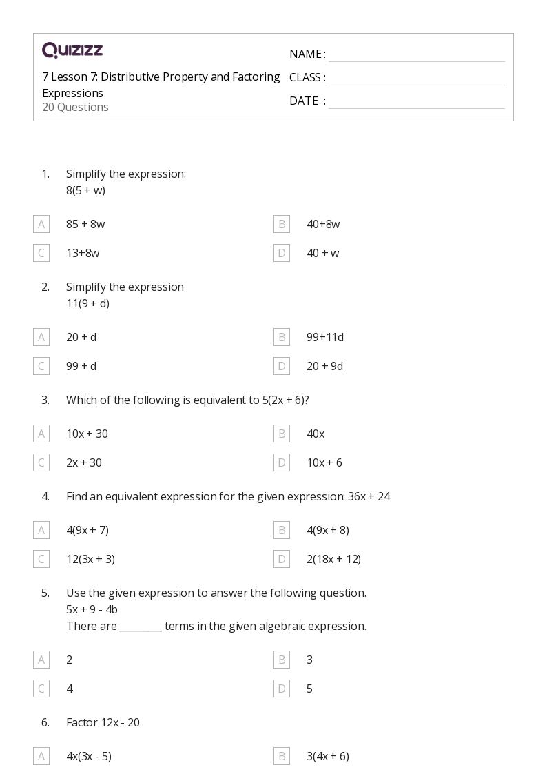 50+ Factoring Expressions worksheets for 7th Year on Quizizz | Free