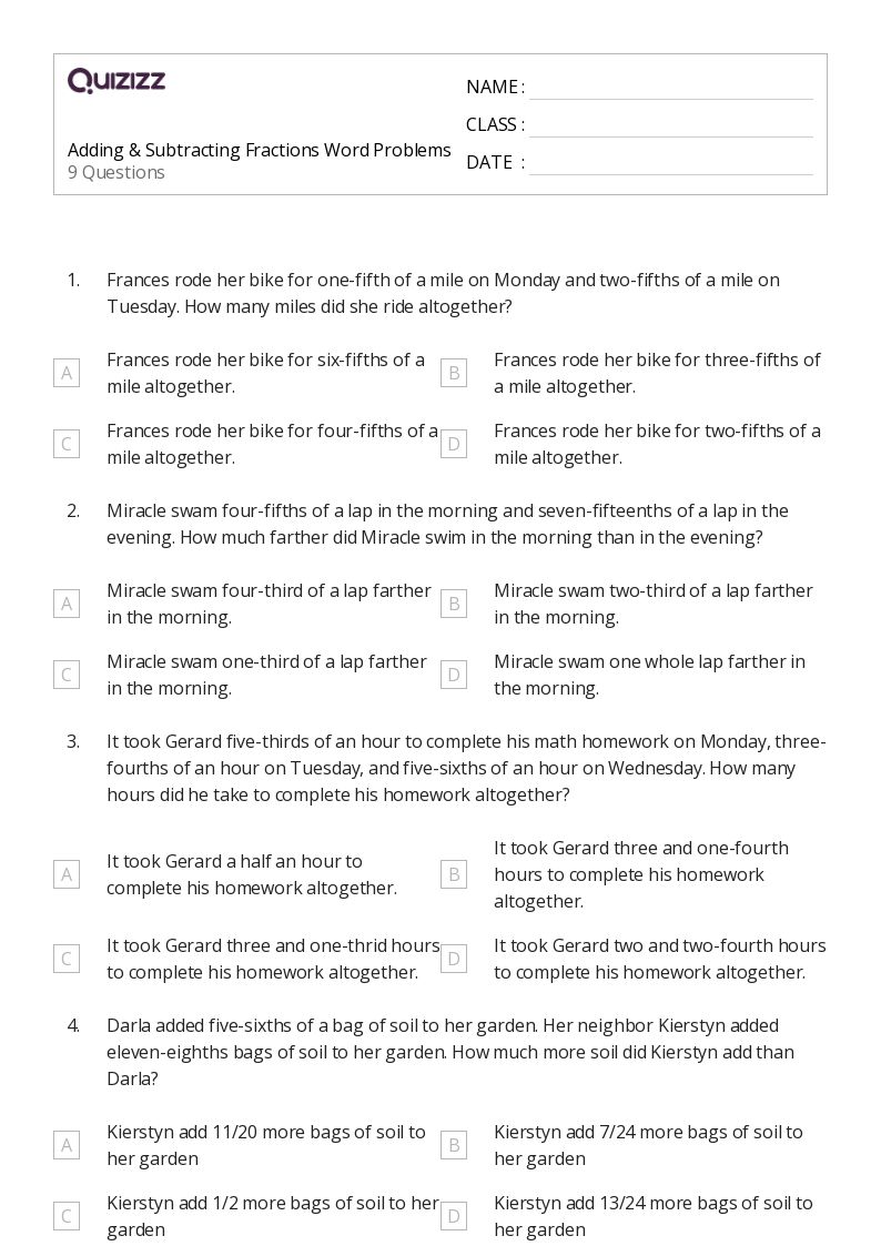 50+ Subtracting Fractions worksheets for 6th Grade on Quizizz Free & Printable