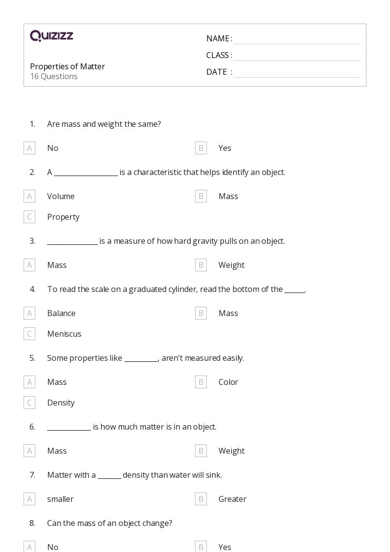 50+ Properties of Matter worksheets for 10th Grade on Quizizz Free & Printable