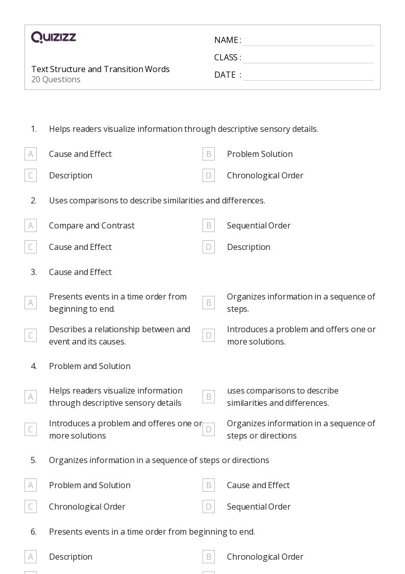 50+ Transition Words worksheets for 6th Grade on Quizizz Free & Printable