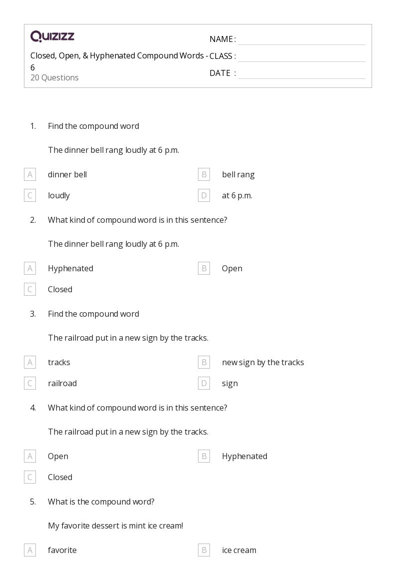 50+ Compound Words worksheets for 4th Grade on Quizizz Free & Printable