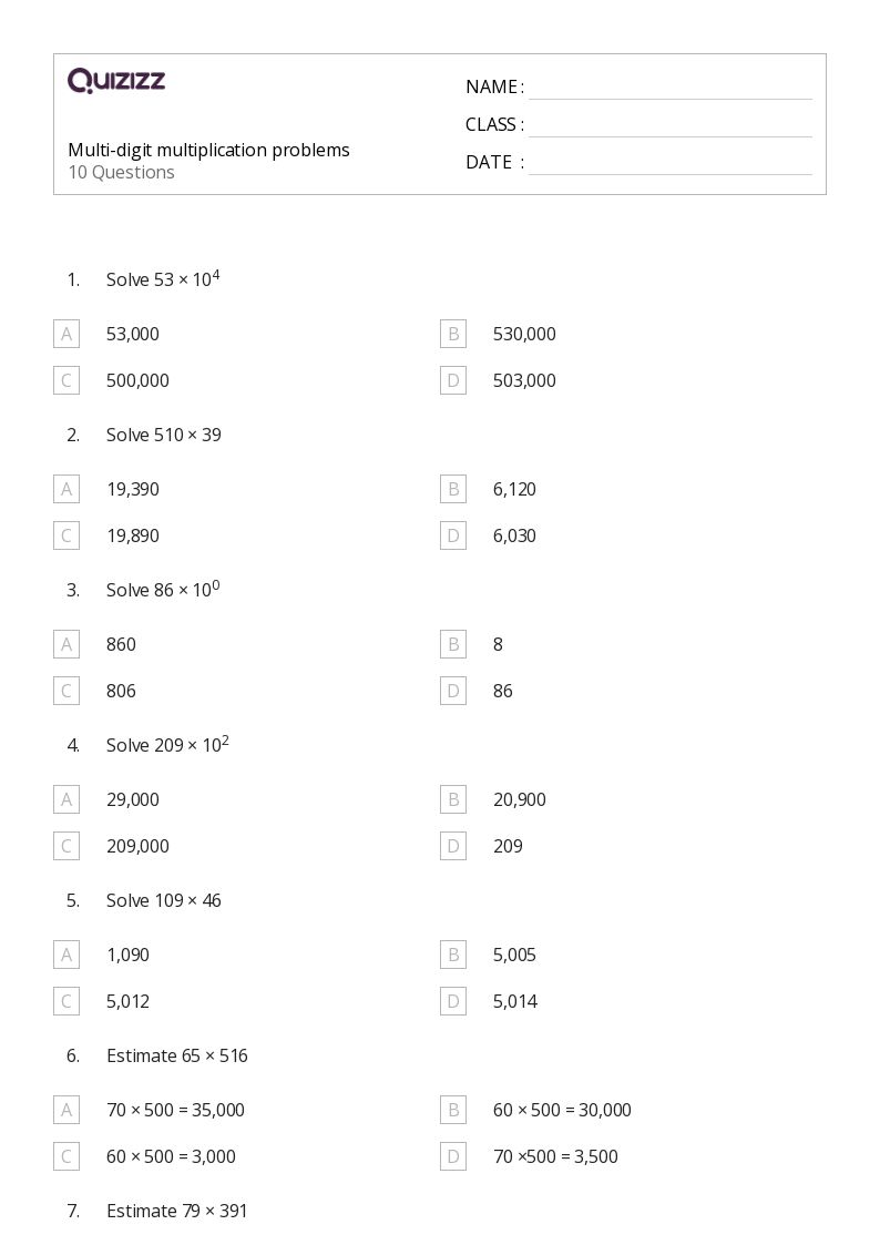 50+ Multi-Digit Multiplication Word Problems worksheets for 5th Grade