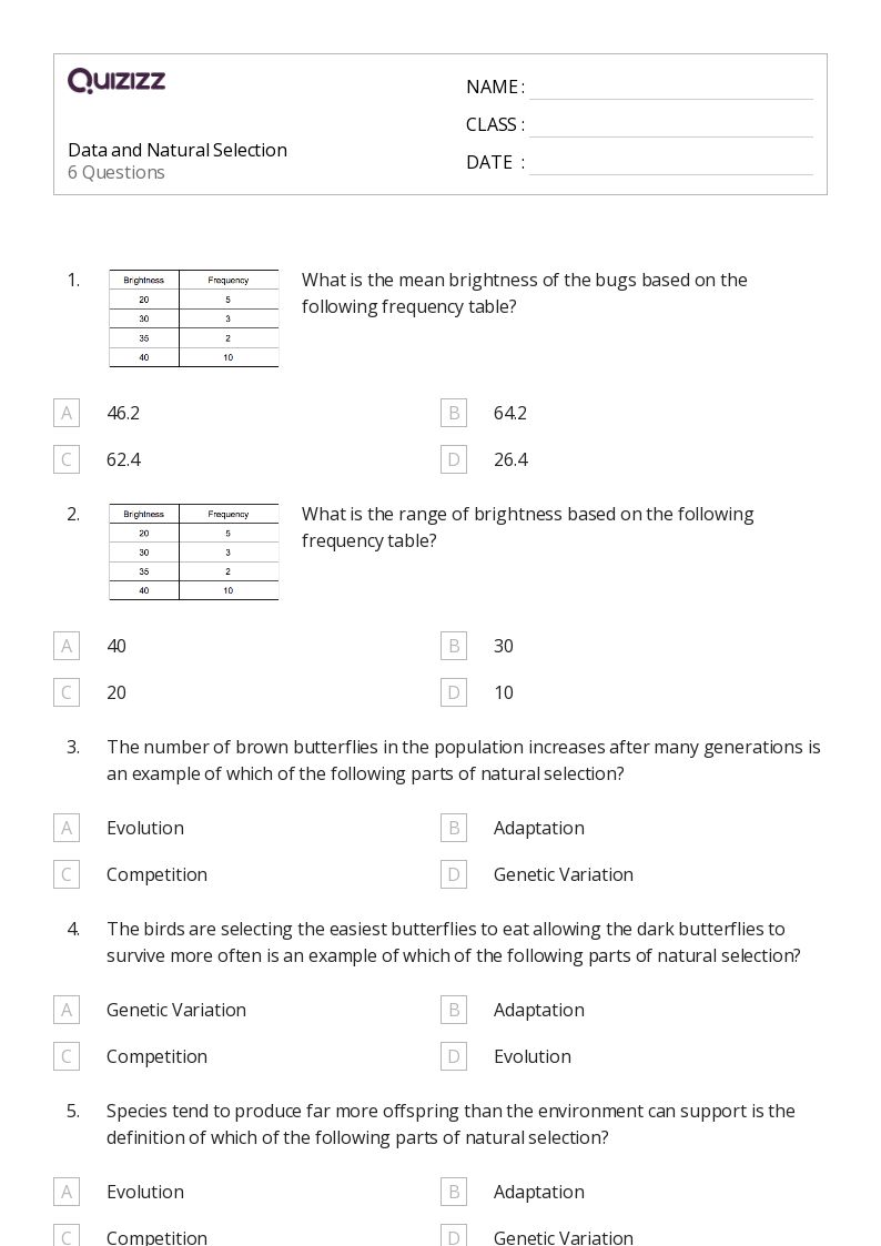 50+ natural selection worksheets on Quizizz Free & Printable
