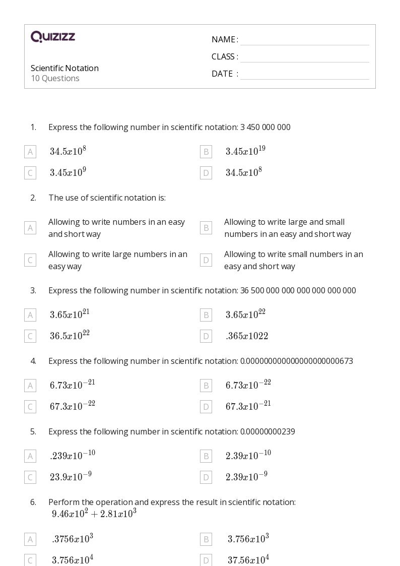 50+ Scientific Notation worksheets on Quizizz Free & Printable