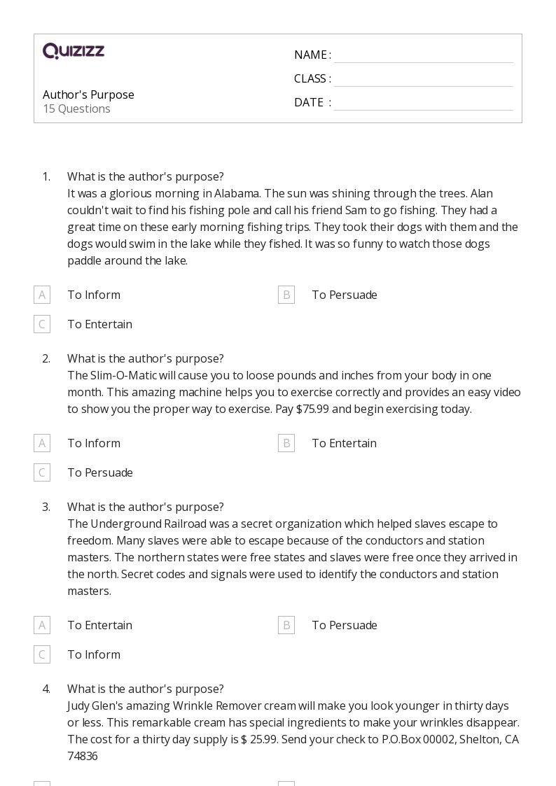 50+ Identifying the Author's Purpose worksheets for 7th Grade on Quizizz Free & Printable