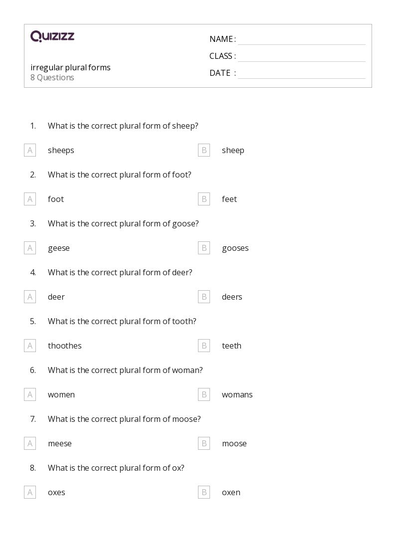 50+ Irregular Plural Forms worksheets for 6th Grade on Quizizz Free