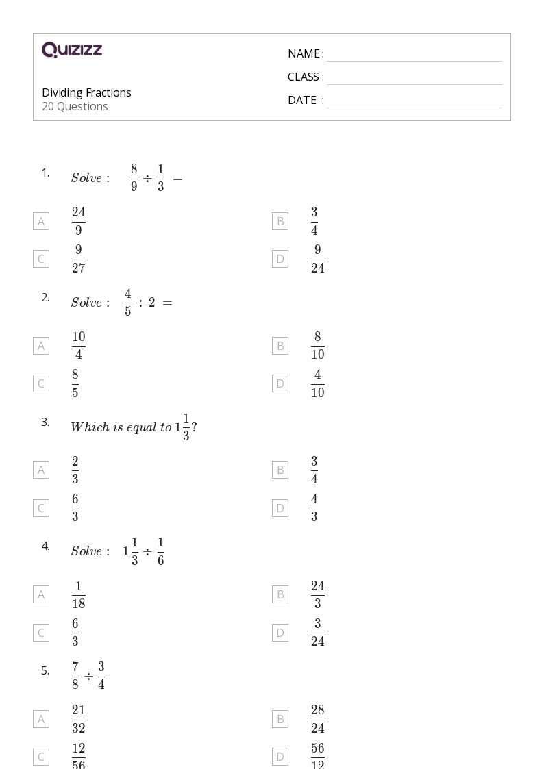 50+ Fractions worksheets for 6th Grade on Quizizz Free & Printable