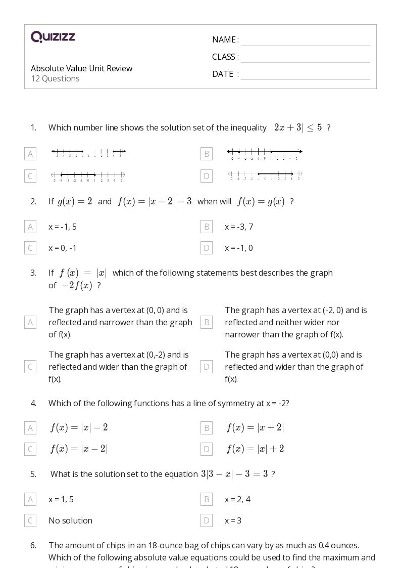 50+ absolute value worksheets for 12th Grade on Quizizz Free & Printable