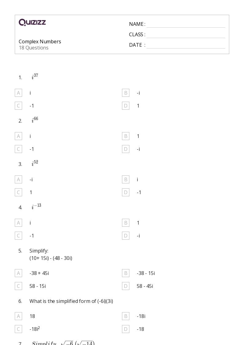 50+ complex numbers worksheets for 8th Grade on Quizizz Free & Printable