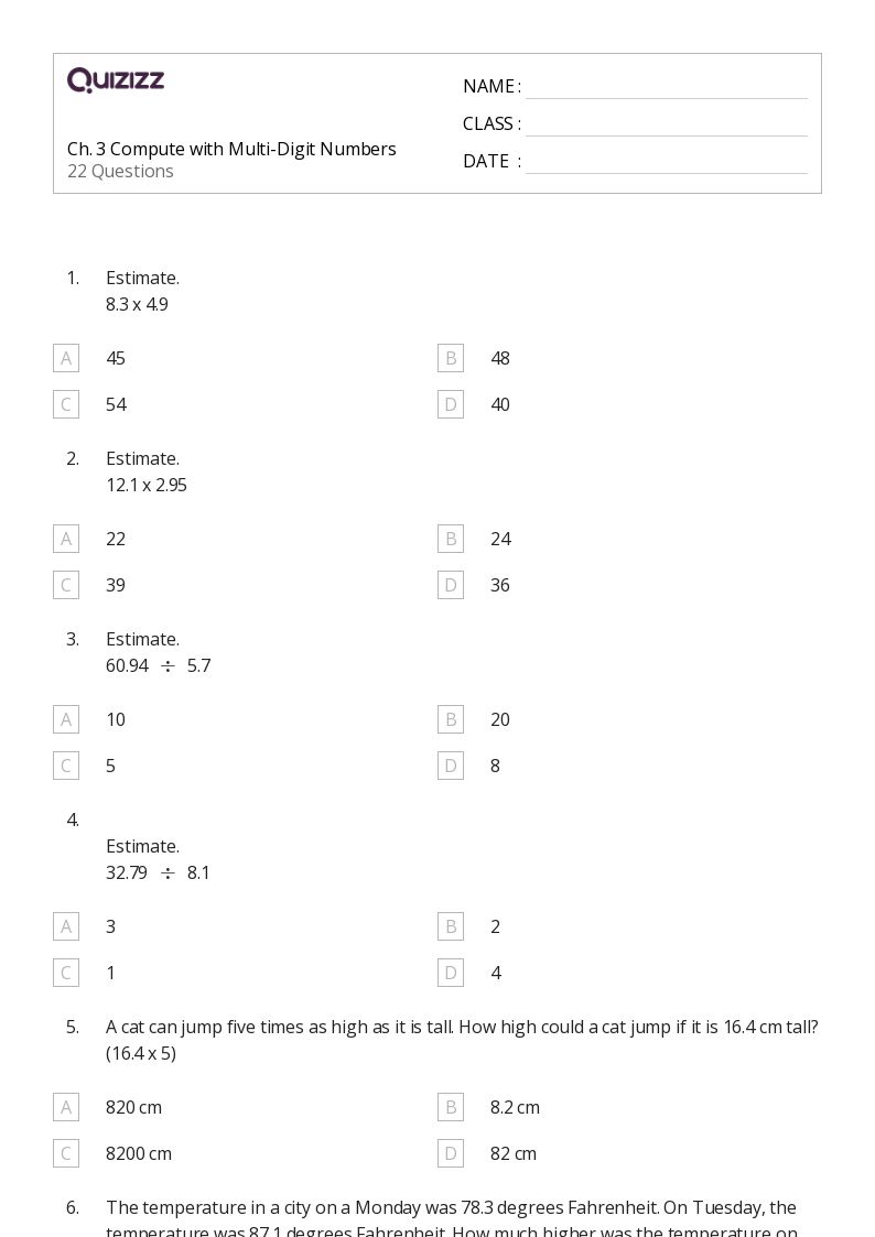 Printable MultiDigit Numbers Worksheets for Grade 6 Quizizz