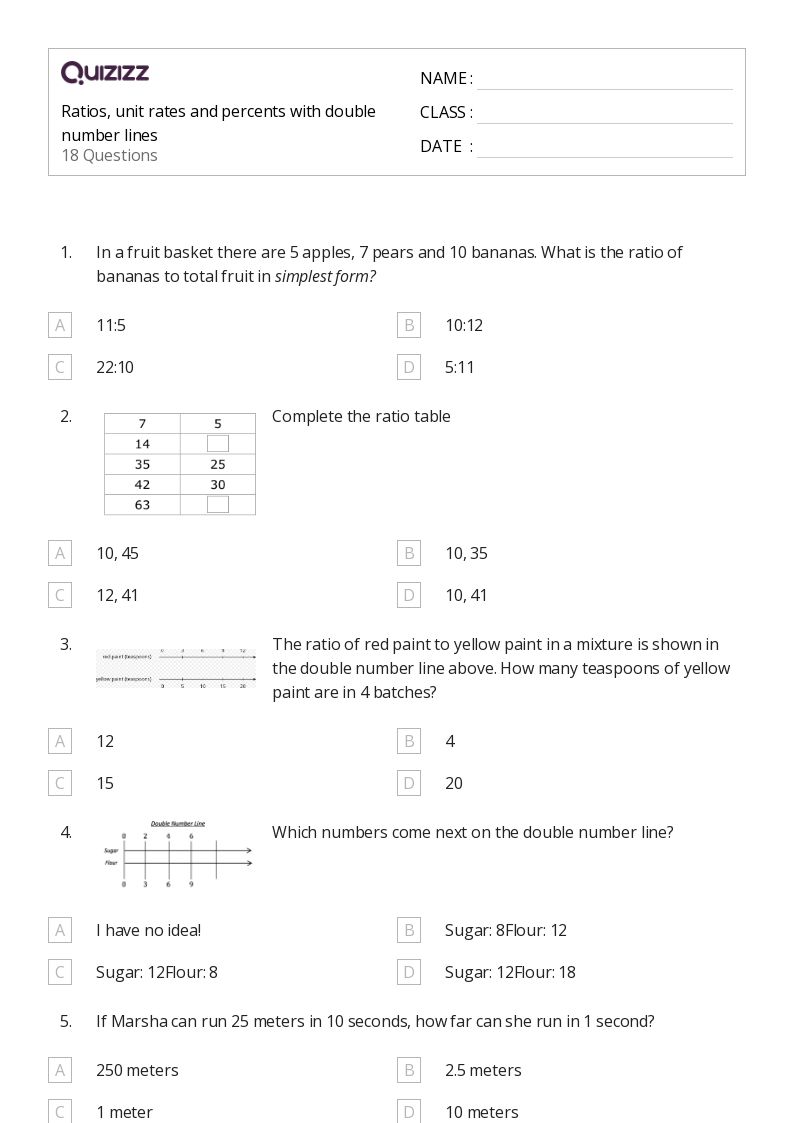 50+ Percents, Ratios, and Rates worksheets for 6th Year on Quizizz Free & Printable