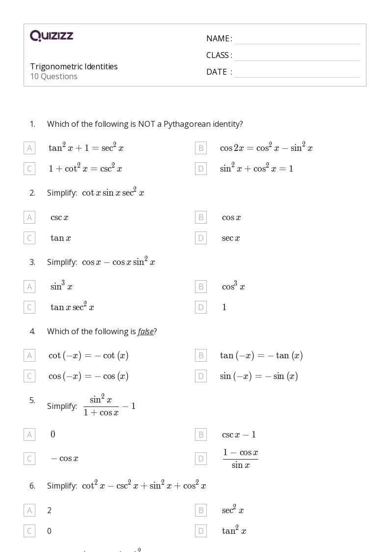 50+ trigonometric identities worksheets for 10th Grade on Quizizz
