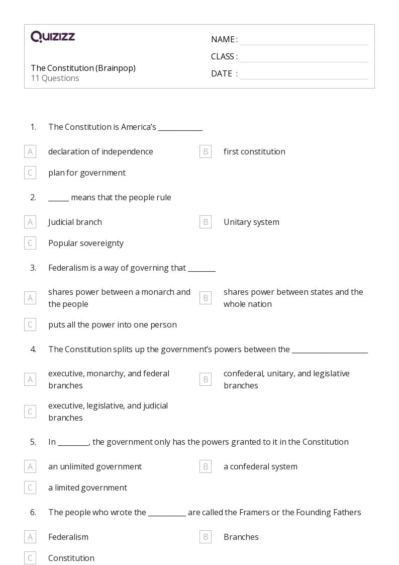 50+ the constitution worksheets for 6th Grade on Quizizz Free & Printable
