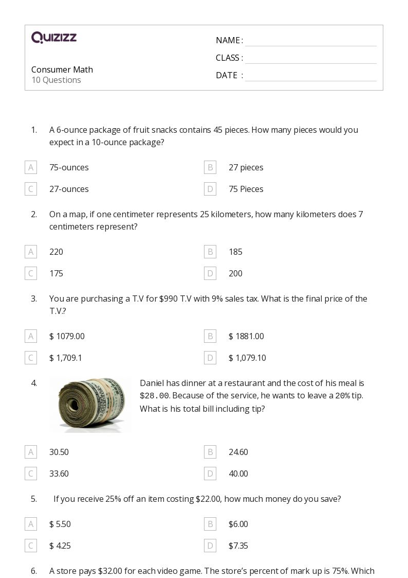 50+ Money Math worksheets for 7th Grade on Quizizz | Free & Printable