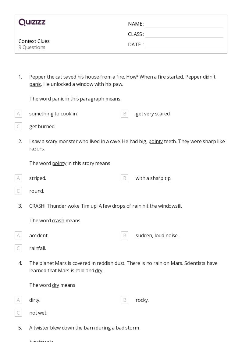 50+ Determining Meaning Using Context Clues worksheets on Quizizz Free & Printable