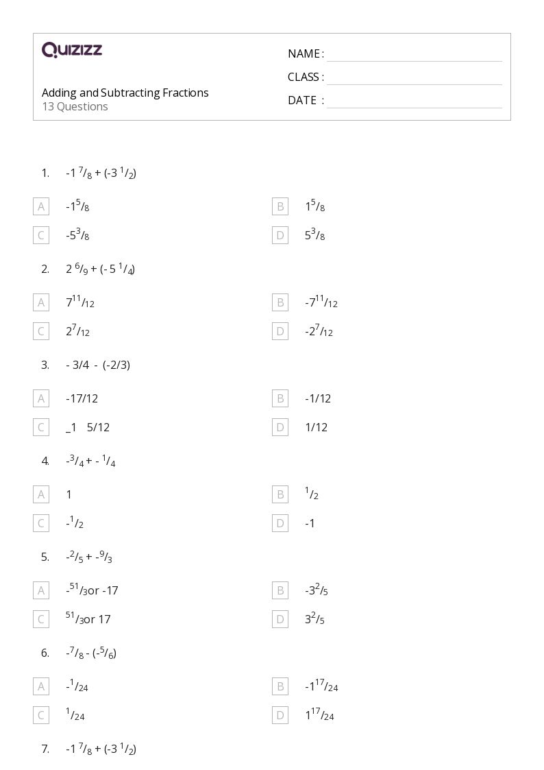 50+ Adding and Subtracting Fractions worksheets for Grade 7 on Quizizz Free & Printable