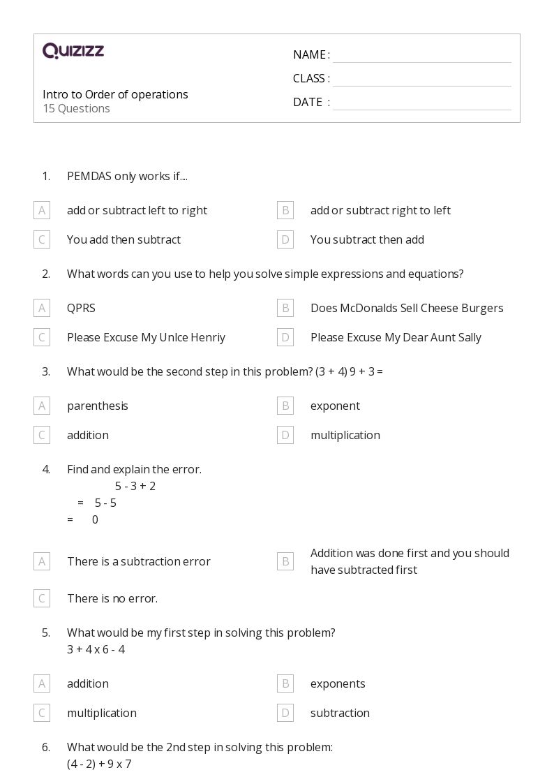 50+ Order of Operations worksheets for 6th Grade on Quizizz Free & Printable