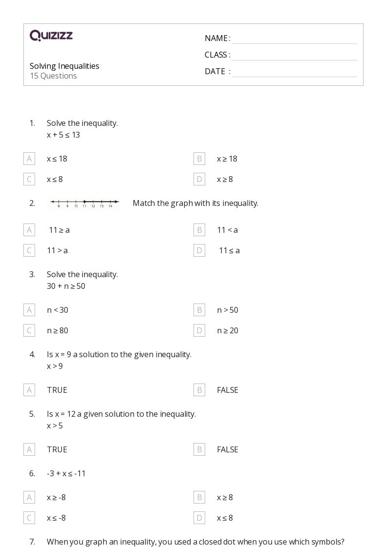 50+ Solving Inequalities worksheets for 7th Grade on Quizizz | Free