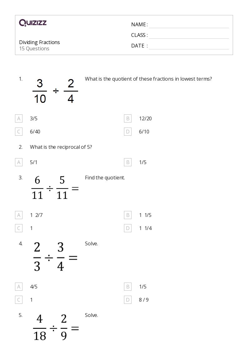50+ Dividing Fractions worksheets for 7th Grade on Quizizz | Free