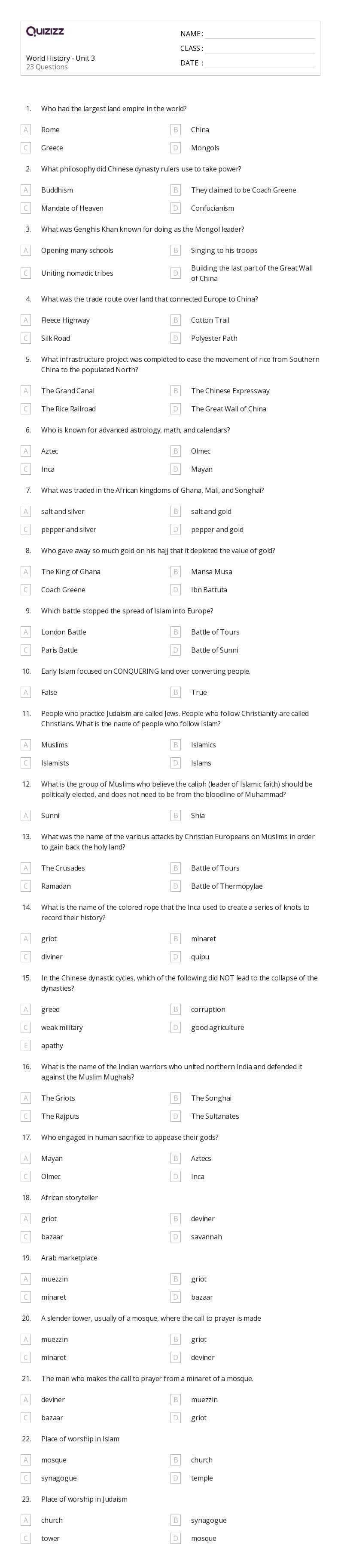 50+ world history worksheets for 10th Grade on Quizizz Free & Printable