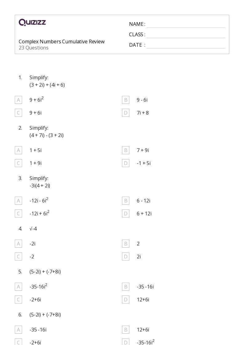 50+ complex numbers worksheets for 8th Grade on Quizizz Free & Printable