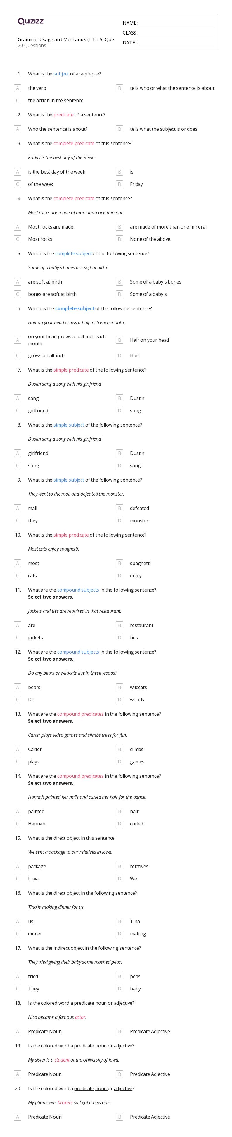 50+ Grammar and Mechanics worksheets for 5th Grade on Quizizz Free & Printable