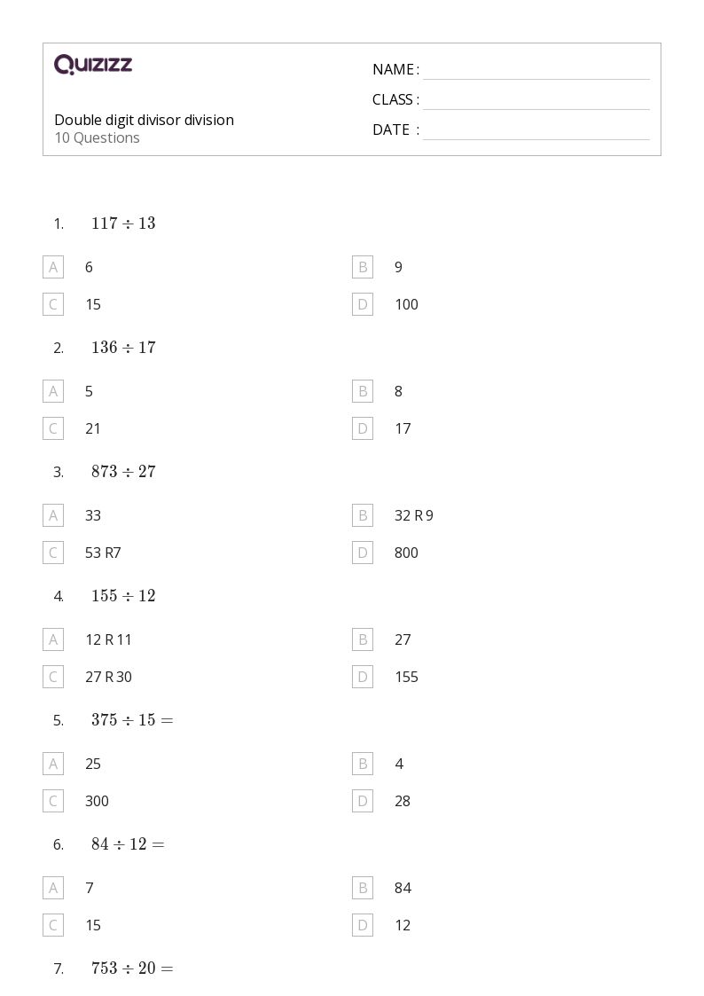 50+ Division with Two-Digit Divisors worksheets for 5th Year on Quizizz