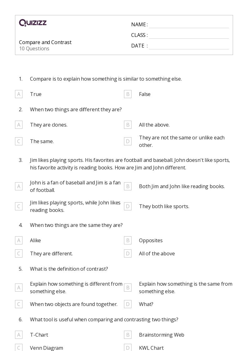 50+ Comparing and Contrasting worksheets for 6th Grade on Quizizz Free & Printable